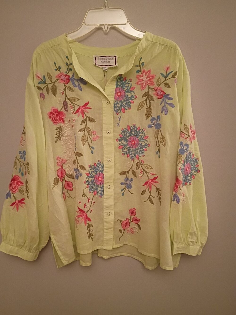 Pale Green Johnny Was Floral Peasant Blouse NWT